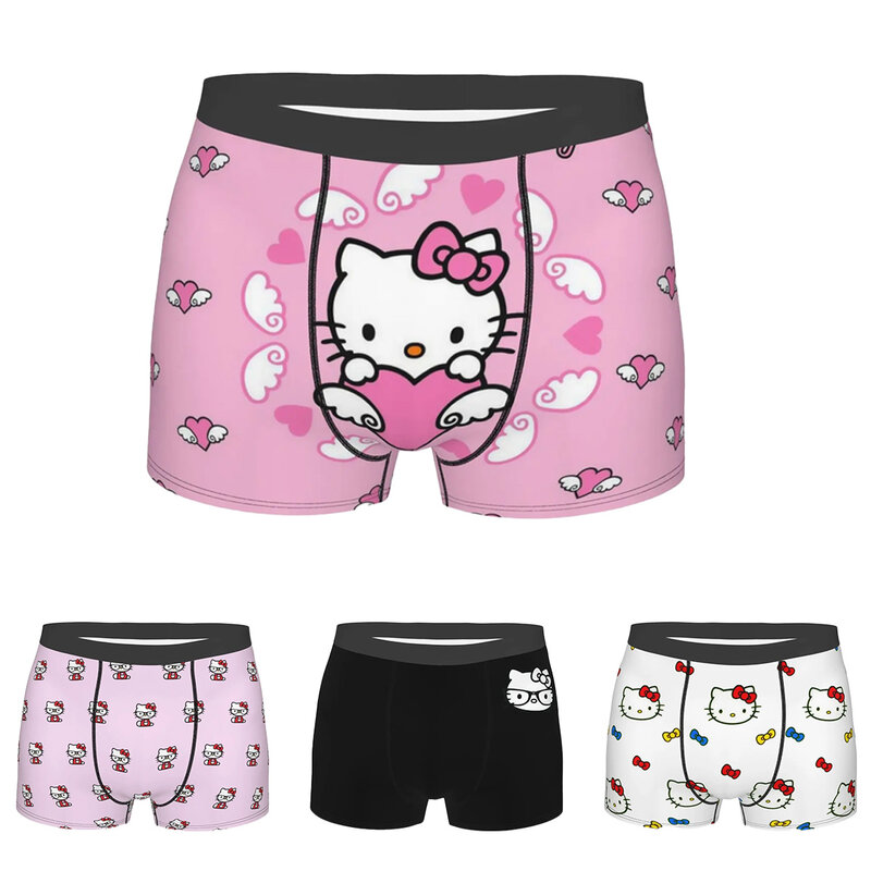 Hello Kitty Men Kawaii Sanrio HelloKitty Boxer Briefs Shorts Panties Mid Waist Underwear Homme Novelty Plus Size Long Underpants