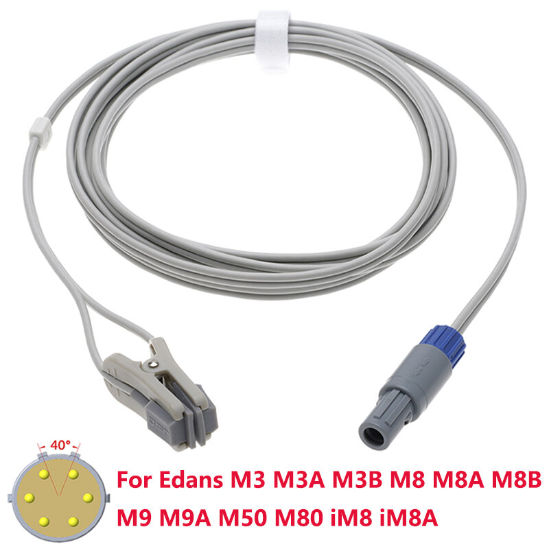 Kompatybilny z czujnikiem Spo2 Edans M3 M3A M3B M8 M8A M8B M9 M9A M50 M80 iM8 Monitor iM8A/Dixion, kabel oksymetryczny palec/ucho 6 pinów 3 m.