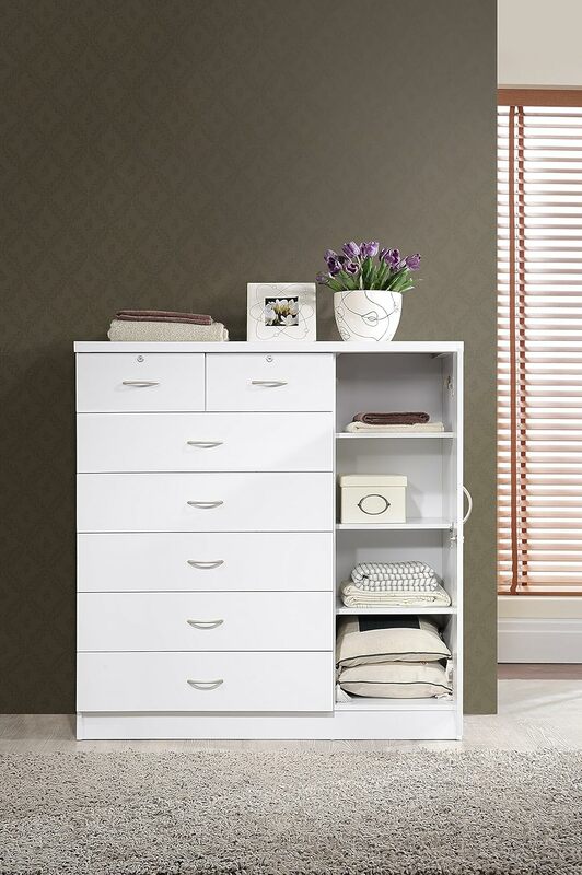7 Drawer Jumbo Chest, Five Large Drawers, Two Smaller Drawers with Two Lock, Hanging Rod, and Three Shelves | White
