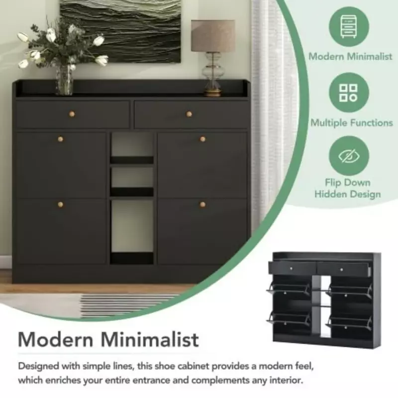 Cabinet with 4 Flip, Multifunctional 2-Tier Storage Organizer with Drawers, Free Standing Shoe Rack for Entrance Hallway, Black