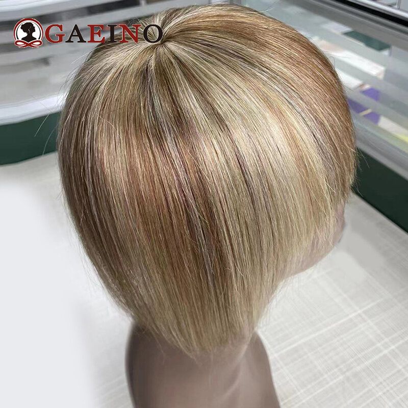 Réinitialisation en frange cheveux humains avec 2 clips P6-613 # châtaigne brun surligné blonde dorée frange naturelle frange frange émoussée