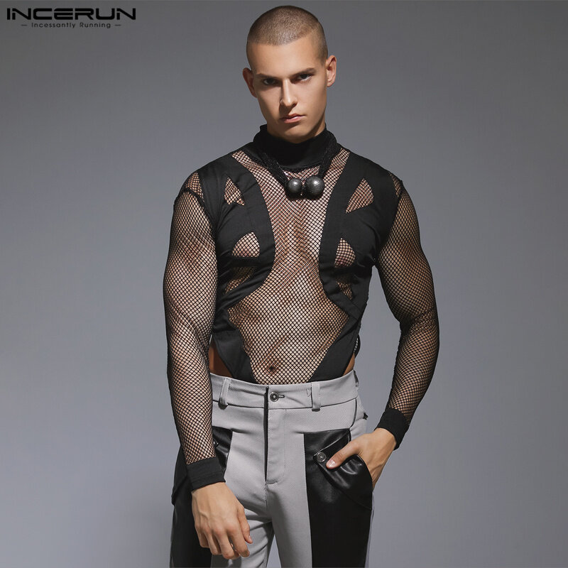 INCERUN pria Bodysuit Mesh perca seksi Turtleneck lengan panjang Skinny T Shirt pria Streetwear transparan 2023 Fashion Bodysuit