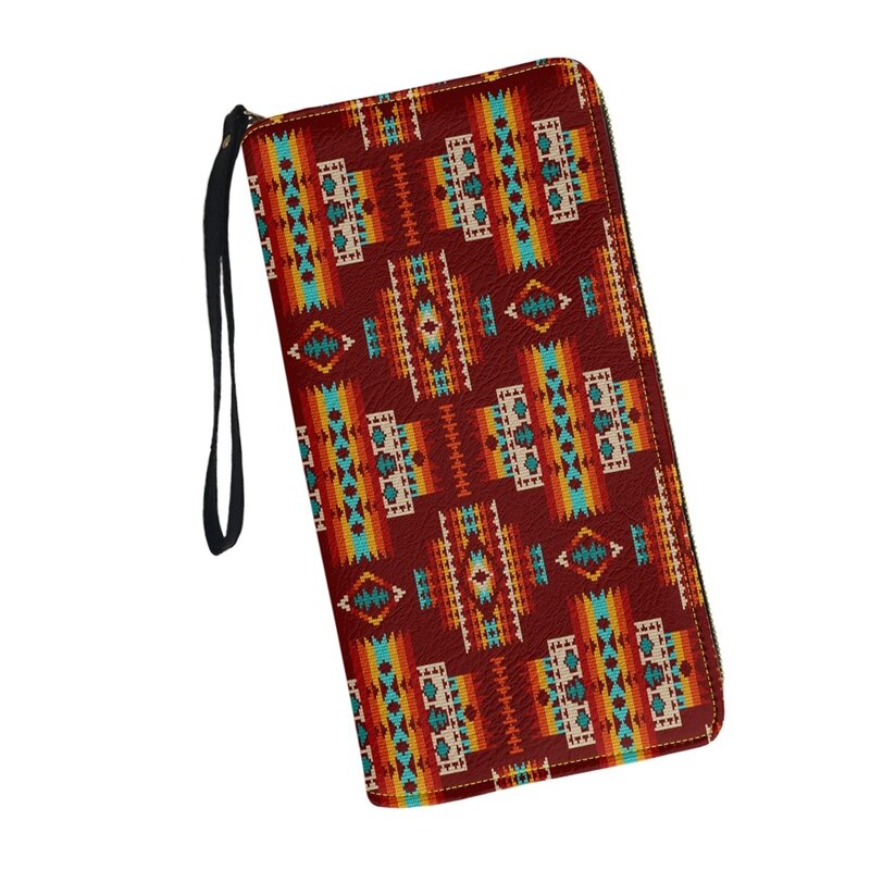 Cartera de cuero con patrón rojo Tribal para mujer, monedero largo con cremallera, tarjetero de viaje multifunción, bolsos de efectivo para niñas