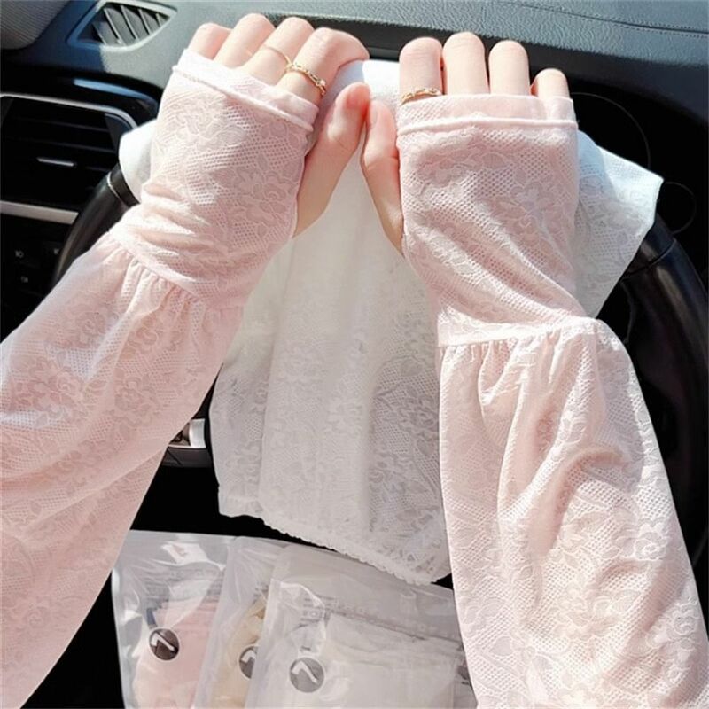 Lace Sunscreen Arm Sleeves, Luvas sem dedos, Fino, Anti UV, Proteção solar, Ciclismo, De condução, Moda
