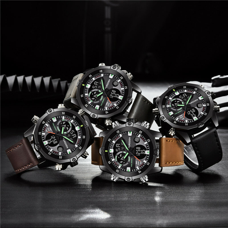 Męskie zegarki z chronografem Big Brand CURDDEN Fashion Leather Band Dual Time Wielofunkcyjny sportowy zegarek cyfrowy Czarny Montre Homme