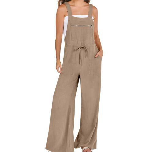 Cotton Linen Jumpsuit Women‘s Solid Sleeveless Button Pockets Wide Leg Suspender Pants Summer Oversized Loose Rompers