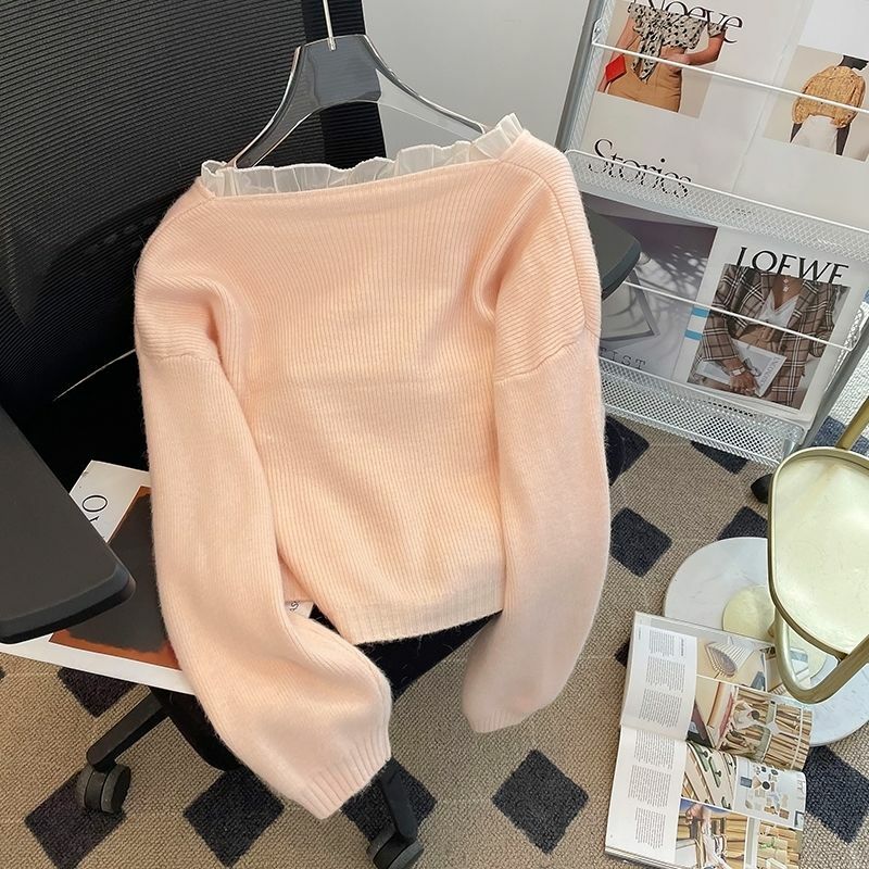 Pink Sweet Sweater Coat Bow Loose Short Long Sleeved Knitted Top Lace Sweater Women's Spring and Autumn Coat Women Clothing