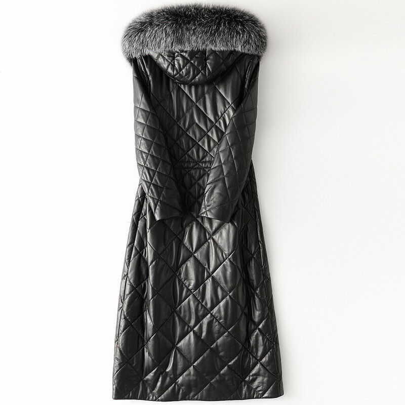 Женская зимняя куртка из натуральной кожи, черная кожаная куртка средней длины с капюшоном и лисьим воротником, модель FCY1942, 2023