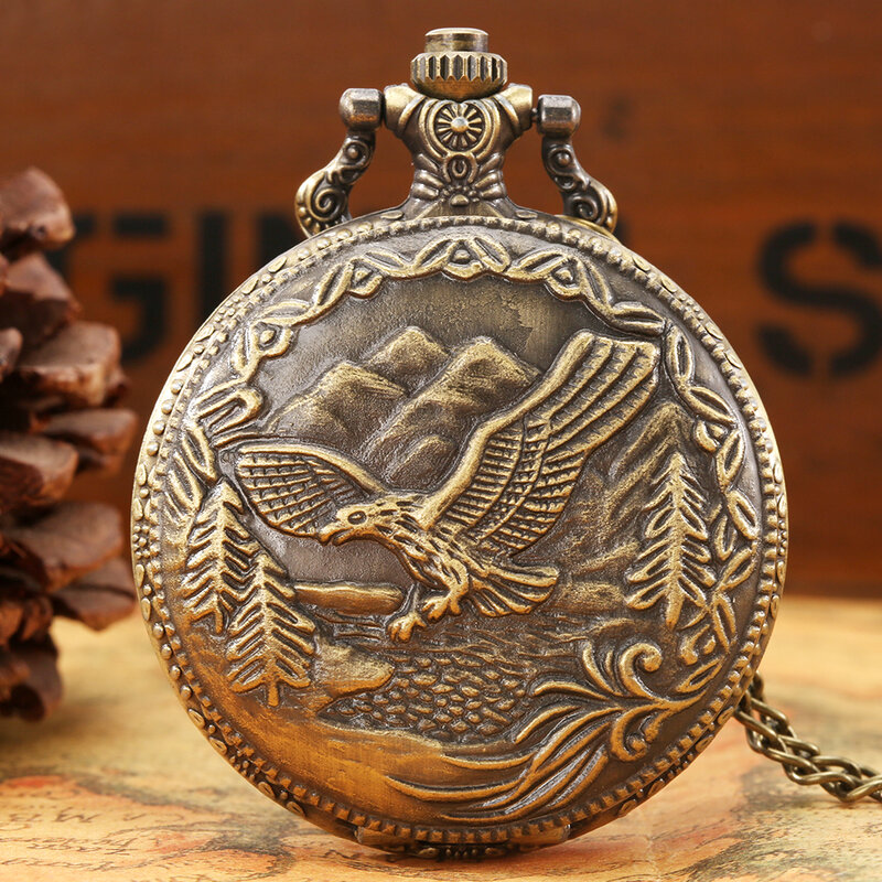 Montre de Poche à Quartz Vintage en Bronze avec Motif d'Animal Sauvage, Horloge Rétro Élégante avec Loup, Aigle, Cerf, Ours, Cheval et Oiseaux