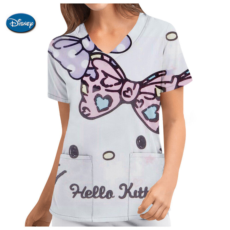 Healthcare Nurse Tunic Uniforms Women Short Sleeve Medical Scrubs Tops Hello Kitty Print Pockets Workwear Nurse Uniform Clinic