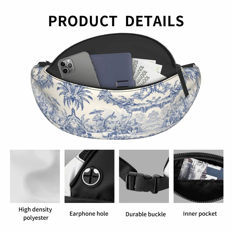 Custom Vintage Classic French Toile De Jouy Navy Blue Motif Pattern Fanny Pack Crossbody Waist Bag Cycling Camping Phone Money
