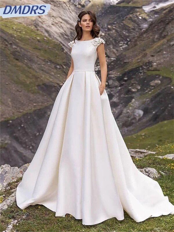 Vestido de noiva clássico de manga curta elegante vestido de noiva linha A, renda encantadora, até o chão, 2024