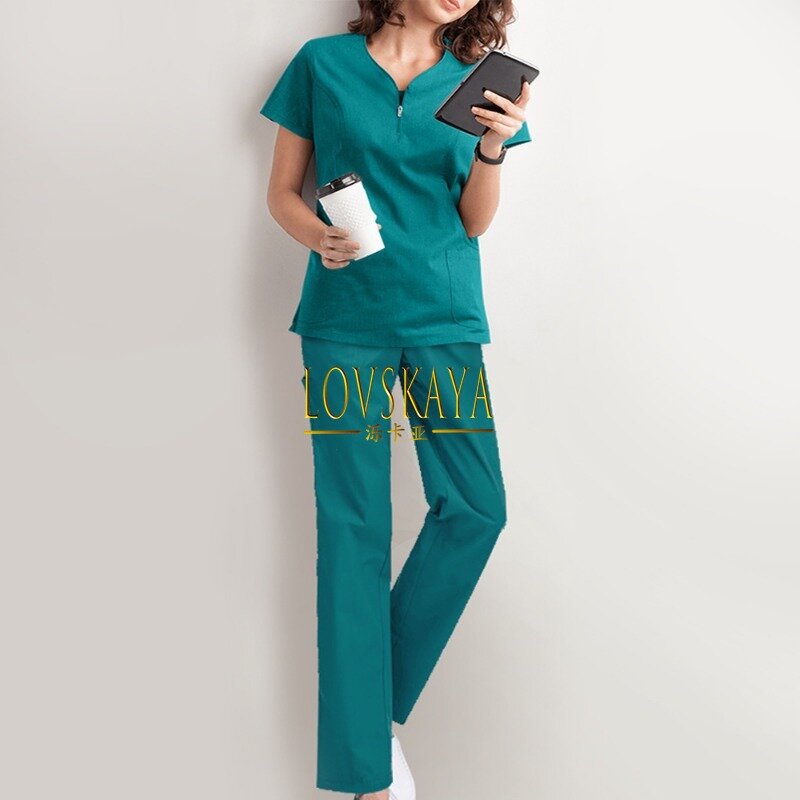 Curto manga enfermeira uniforme Set, Feminino Doutor Cirúrgico Uniforme, Trabalho, Enfermeira, Bordado