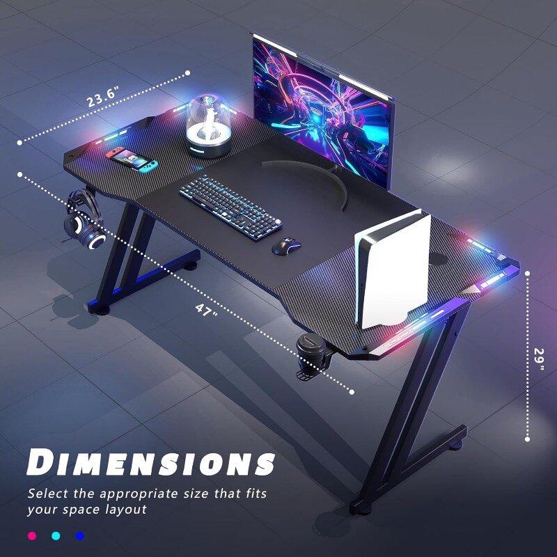 Gaming Desk com luzes LED, superfície de fibra de carbono, grande mesa do computador, mesas ergonômicas Home Office, 47 polegadas