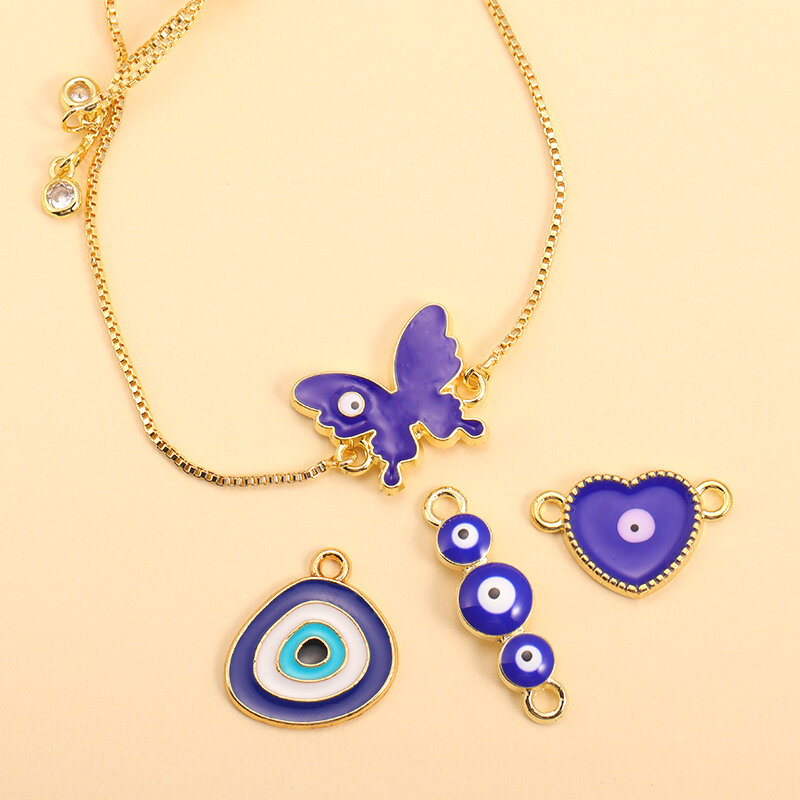 Colgante de ojos azules de la suerte, colgante con forma de corazón, Ojo de mariposa, pulsera, pendientes, fabricación de joyas, 10 piezas