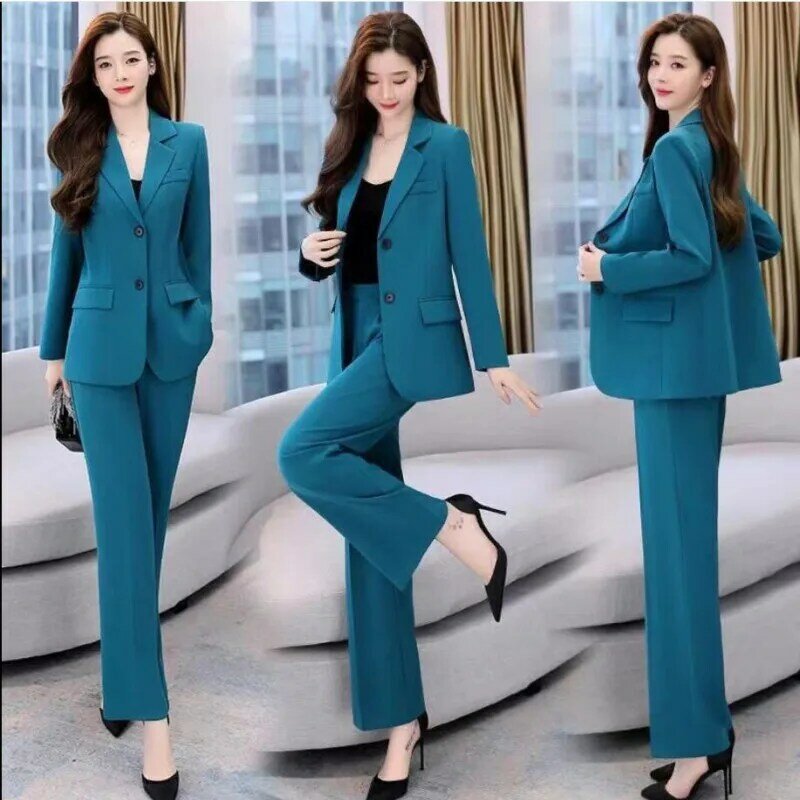 Setelan Profesional Fashion Wanita Korea Elegan Musim Semi Musim Gugur Mantel Blazer Kasual Baru + Celana Dua Potong Set Pakaian Wanita