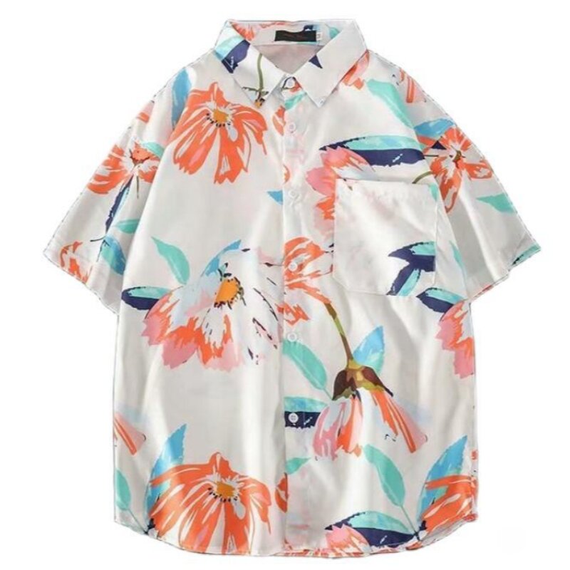 Рубашка мужская с цветочным принтом, короткий рукав, лацкан, модная повседневная приталенная пляжная сорочка, гавайский принт, летняя