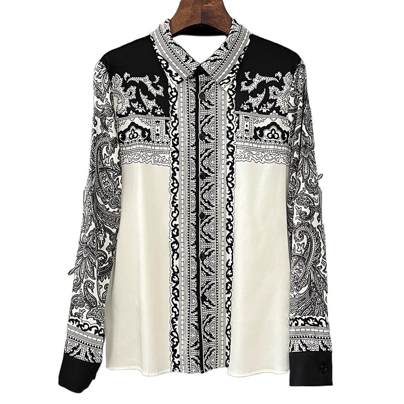 High Quality Egyptian Silk Retro Printed Silk Shirt Women's Top with Lapel Elegant Fashionable Shirt Blusas Mujer De Chifon Y2k
