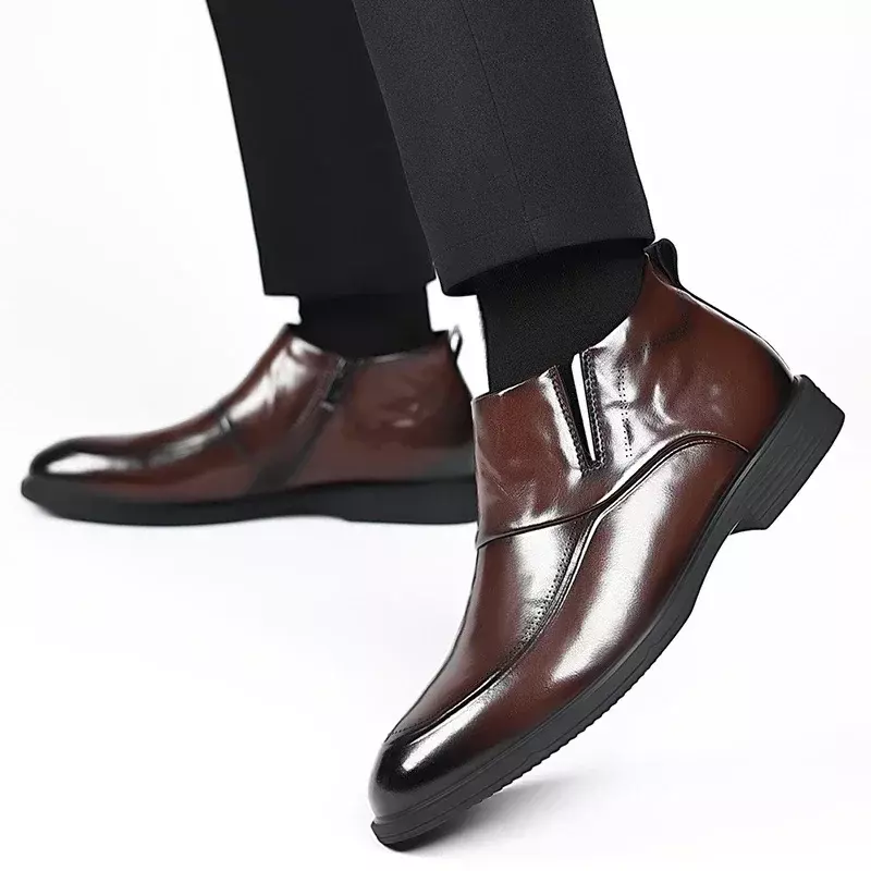 Zapatos informales versátiles para hombre, calzado de cuero con punta estrecha y cremallera lateral, tacón bajo, costura sólida, para boda al aire libre, 2023