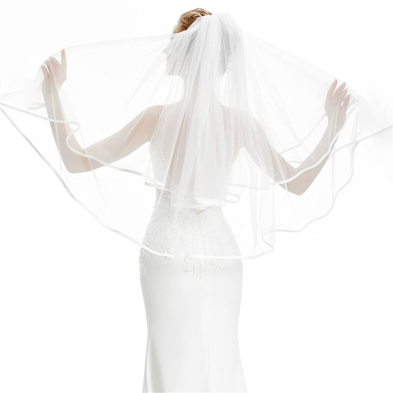 Kerudung pernikahan dua lapis, penutup kepala pengantin kain Tule pendek putih gading dengan dasi kupu-kupu Aksesori pernikahan
