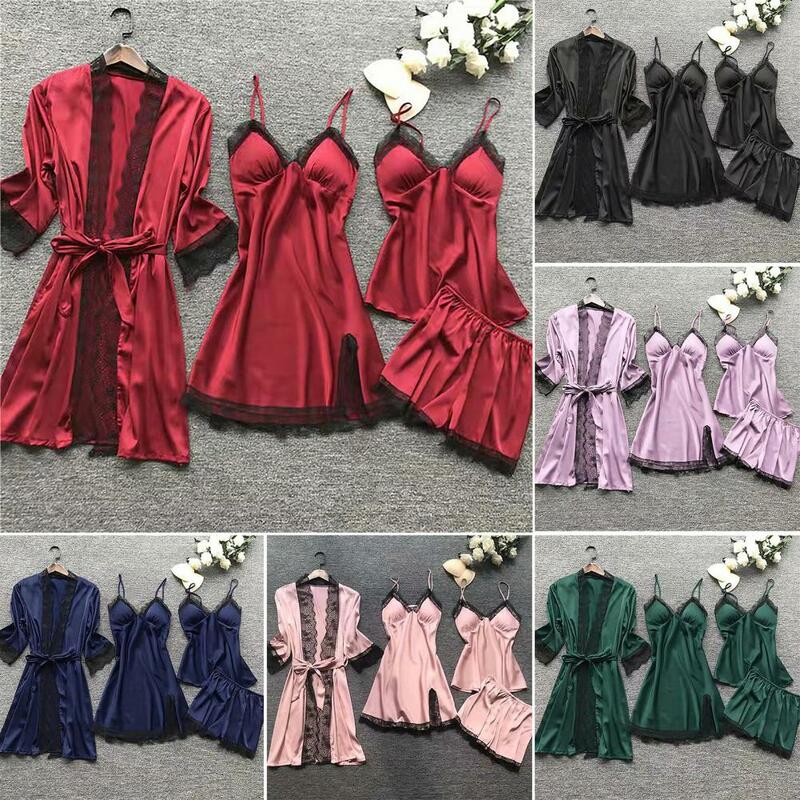 V-neck Nightgown Set Elegant Lace Pajamas Set with Pleated Cardigan Coat Matching Shorts Women's Homewear Clothes for Comfort