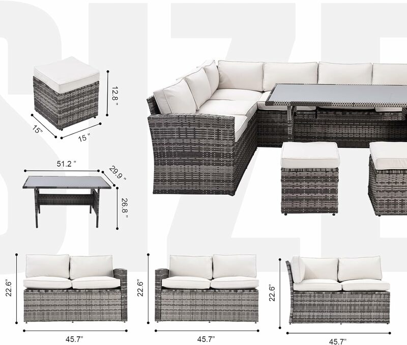 Mobília ao ar livre do pátio do vime ajustada, sofá secional, sofá, mesa de jantar, cadeira, todo o tempo