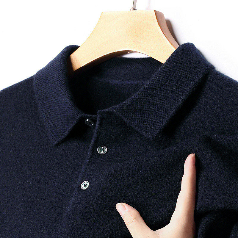 Ordos-suéter de punto grande con solapa de Cachemira para hombre, Jersey tipo Polo holgado de papá, 100