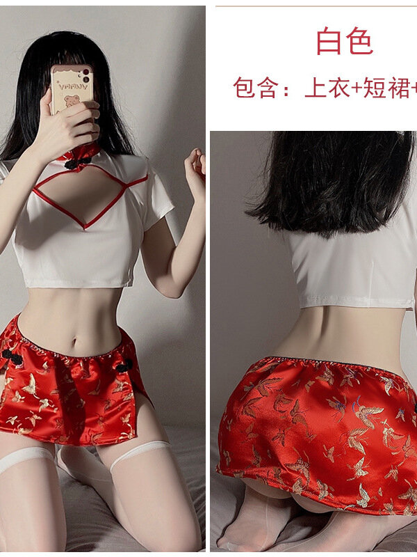 Sexy Hollow Temptation Split Cheongsam Role Playing Uniform Skirt Set Waist Exposed Design Embroidery Charm Retro Style 54B9