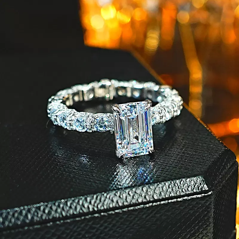 Desire Full Diamond Inlay with Emerald Cut 925 Silver Ring Inlay with High Safety Diamond, Versatile and Luxurious Feeling