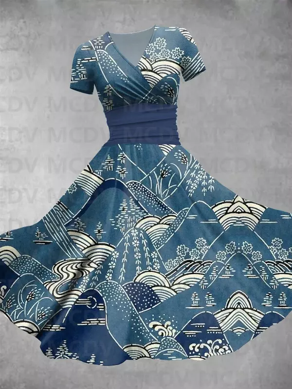 فستان طويل نسائي كلاسيكي من الدنيم مطبوع ، فستان مثير برقبة على شكل حرف V ، فساتين نسائية ، ثلاثي الأبعاد