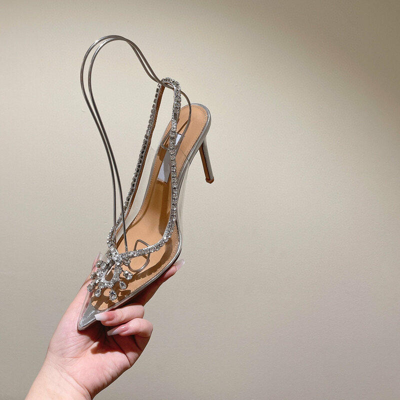 Sapatos de salto alto florais em PVC em relevo para mulheres, dedo pontudo floral claro, sandálias de festa elegantes, moda casual, nova