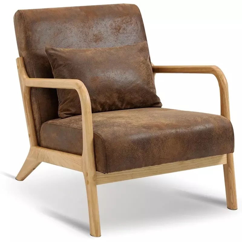Silla de cuero PU marrón con cojín de cintura para oficina en casa, silla de dormitorio, sala de estar, sillas de Café, muebles de Café con corteza de madera