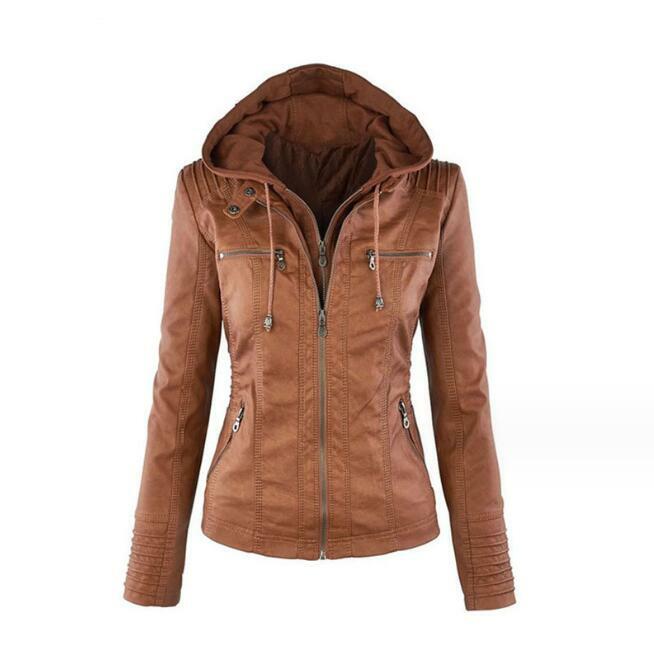 Jaket kulit PU wanita, Luaran bertudung ritsleting, kulit PU Suede musim dingin untuk perempuan