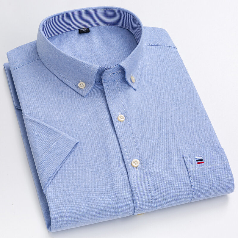 Camisas casuales de manga corta Oxford para hombre, Camisa de algodón a rayas a cuadros con un solo bolsillo, ajuste estándar, botones