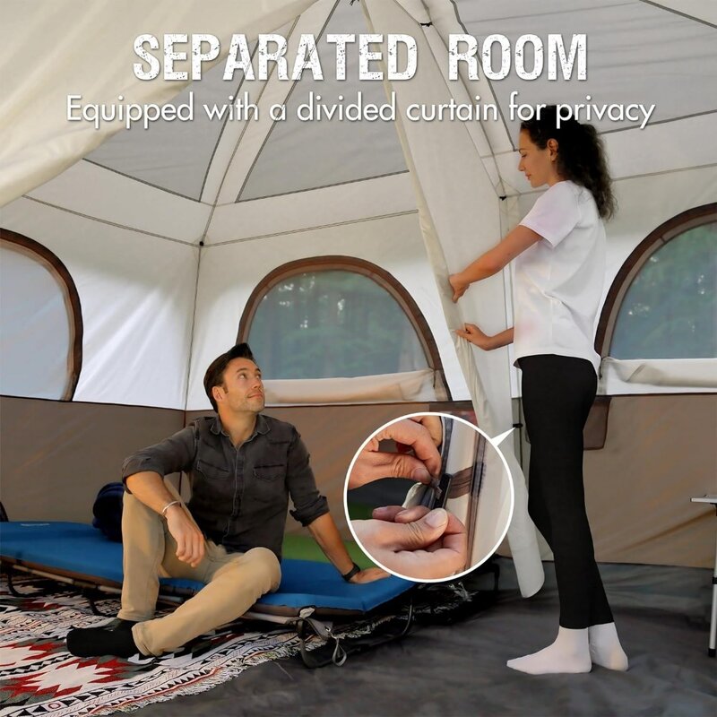 Tenda PORTAL 10 orang berkemah dengan teras, tenda kabin keluarga besar dengan 2 kamar, 2 pintu, untuk berkemah, luar ruangan, tahan air