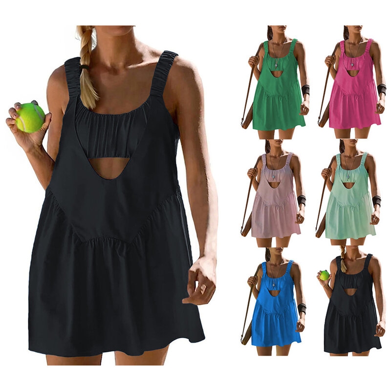2024 New Arrival Women's Sexy Halter Backless Outdoor Sports Yoga Tennis Skirt Dress + Shorts Set Hot Sale Fashion Party Clothes