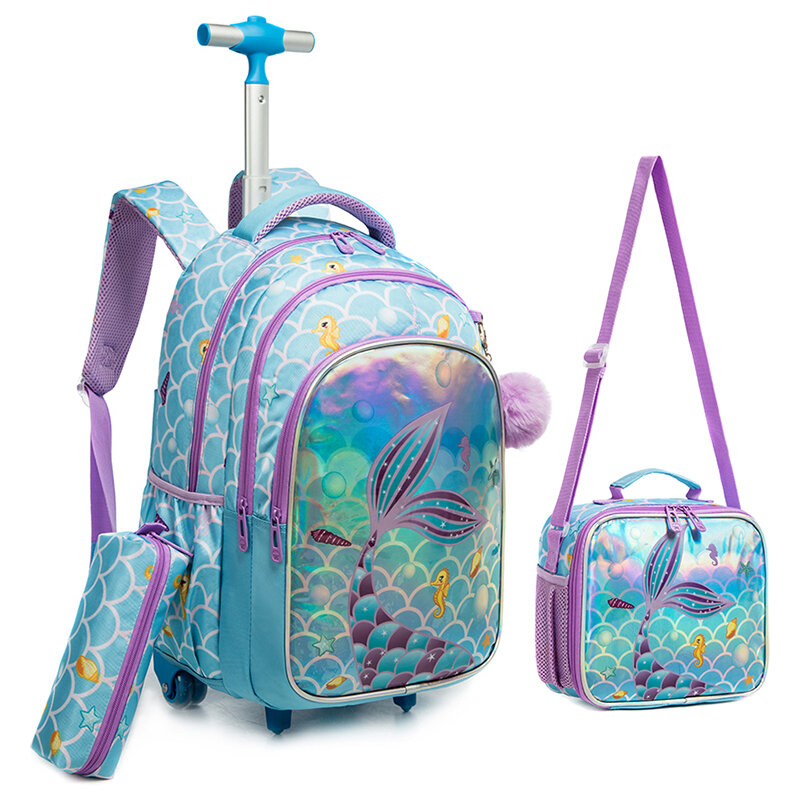 Mochilas escolares con ruedas para niñas, mochila escolar con patrón de sirena, bolsa de almuerzo, estuche para lápices, mochilas escolares para niñas