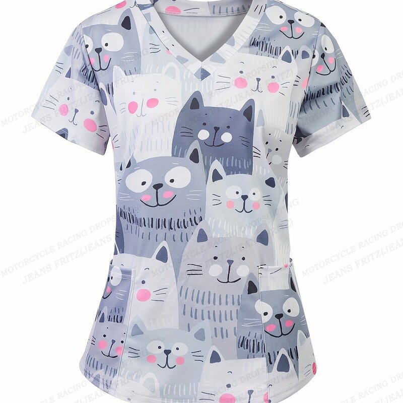 Uniforme da infermiera da donna zampa di animale stampa 3d tasca con scollo a v scrub da allattamento top Cute Cat Workwear t-shirt tuta uniformi mediche