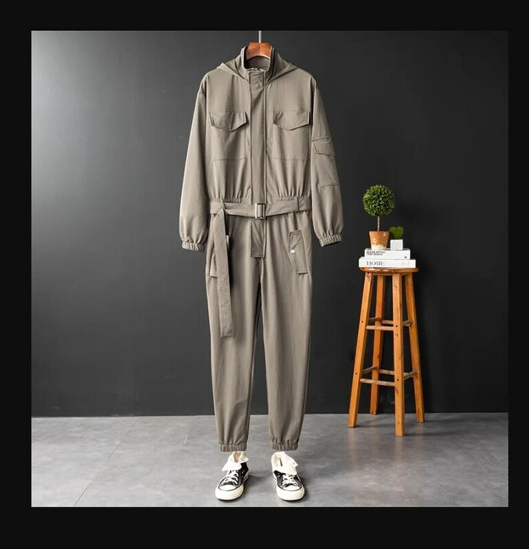Macacão masculino de manga comprida com capuz, calças largas, Feixe Pés Macacão de Algodão, Streetwear Hip Hop, 3 Cores, Traje de Calças
