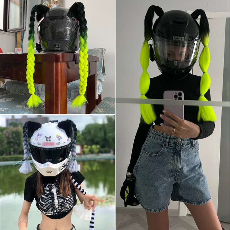 2 PCS / paire nouveau casque de motocyclette tricot pour femmes tricot de motocyclette casque de motocyclette perruque multicolore torsadée double queue de porc queue de cheval avec ventouse