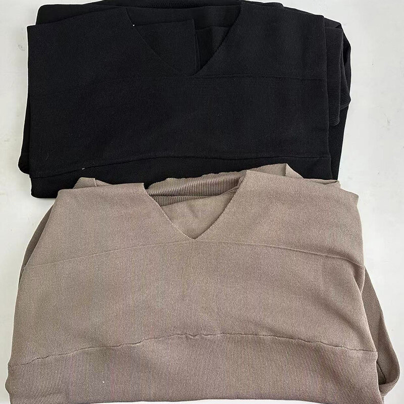 Conjuntos monocromáticos de malha de 2 peças para mulheres, streetwear solto, decote em v, meia manga, calças retas, primavera e verão, 2023