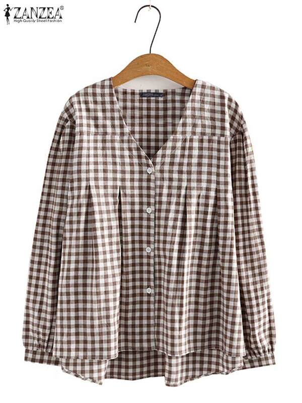 ZANZEA-blusa xadrez feminina, camisa de manga longa, decote V, botões para baixo, vintage, casual, tops de férias, moda feminina, primavera