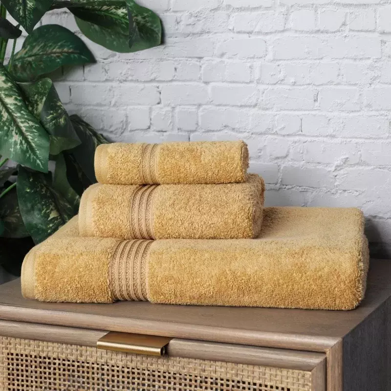 Set di asciugamani in 3 pezzi in cotone egiziano solido Derry superiore, oro