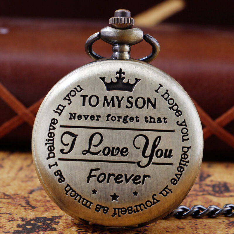 Exquisite''TO MY SON''Carved Big Dial Quartz Pocket Watch Roman Numerals Necklace Pendant Gifts For Man with Fob Chain