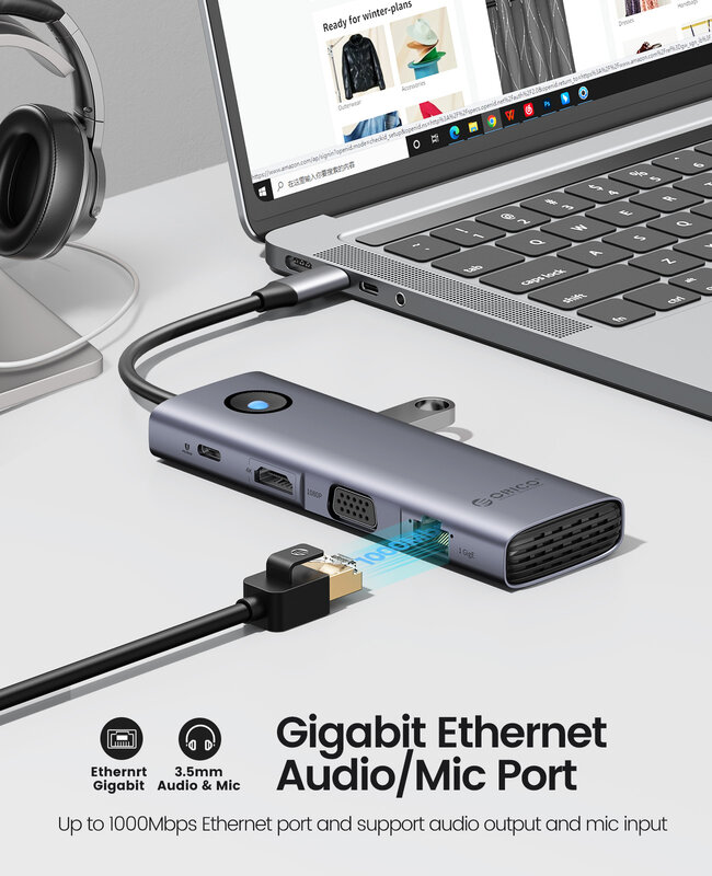 Док-станция ORICO Type C HUB to 4K60Hz HDMI-совместимый адаптер USB 3,0 RJ45 PD100W Зарядка для Macbook Pro Аксессуары для ноутбуков