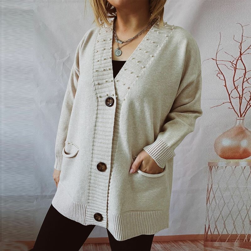 2024 Autumn/Winter Solid Color Loose Handmade Pearl Single Breasted Pocket Knitted Sweater Cardigan Coat