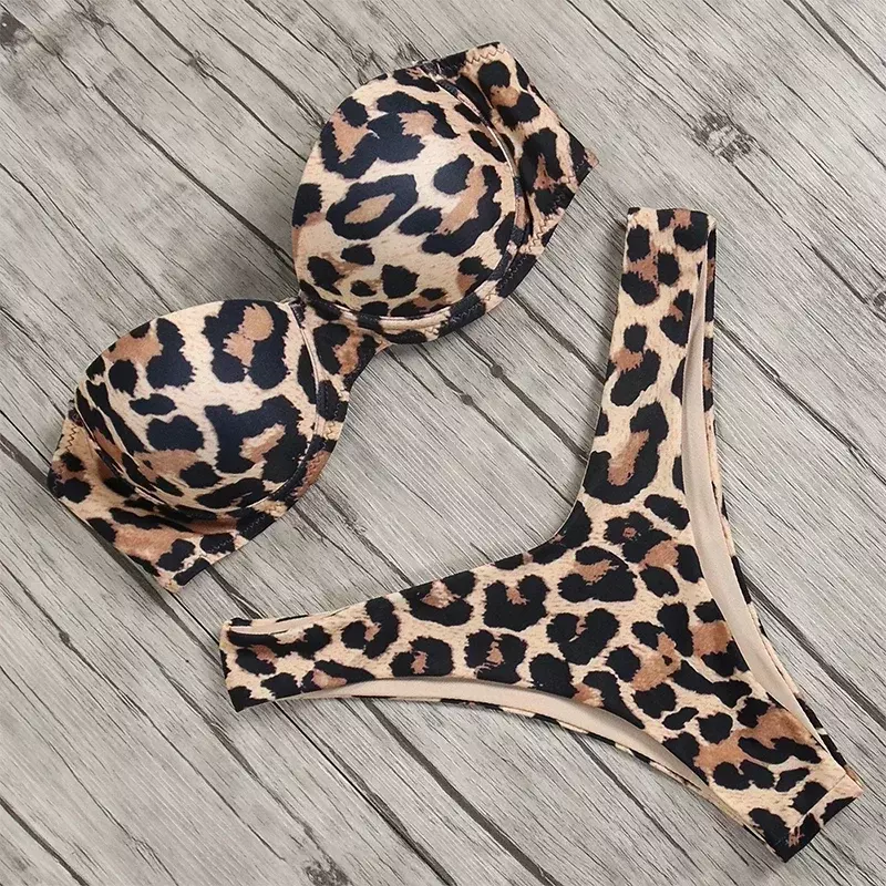 Maillot de bain deux pièces imprimé léopard, sexy, bikini, soutien-gorge push-up, culotte taille basse, vêtements de plage