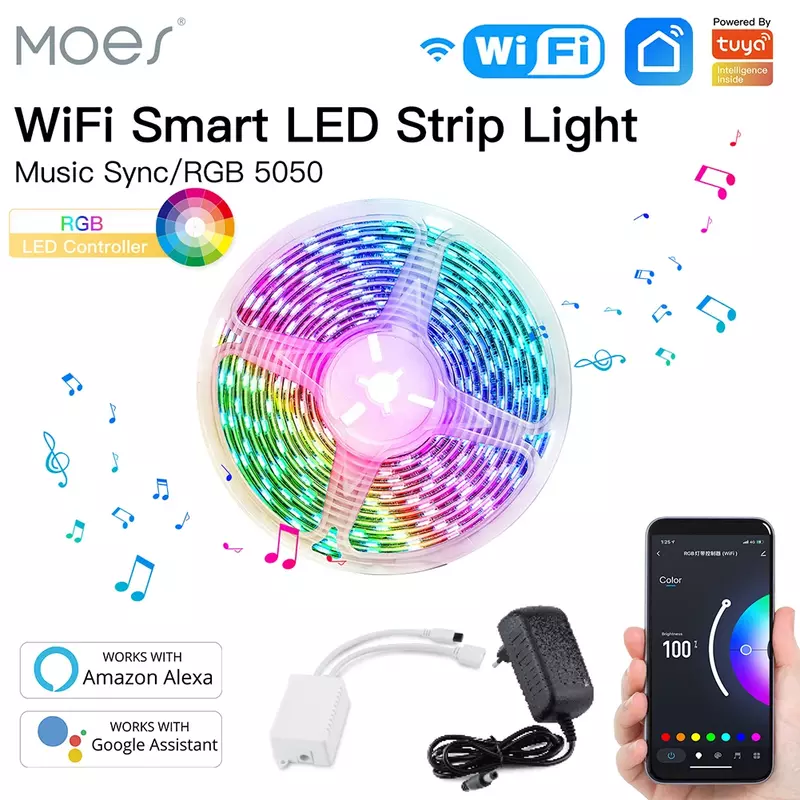 Smart LED Light Strip com Wi-Fi, RGB 5050 Controller, música Sync, mudança de cor, Smart Life App Control, controle de voz por Alexa Google