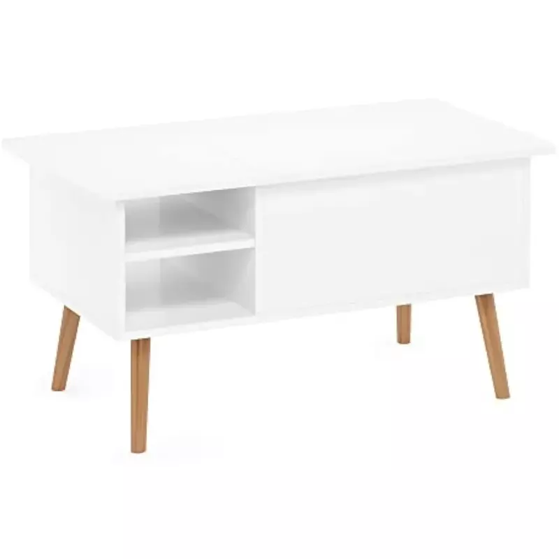 Tavolino con sollevamento gambe in legno, bianco puro, con scomparto nascosto e ripiani portaoggetti per soggiorno con apertura laterale