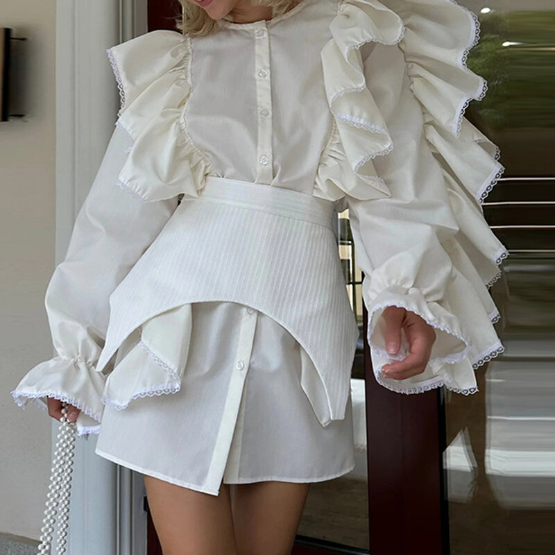 Koronkowa koszula z rozkloszowanym rękawem Sukienka z osłoną talii Spódnica z falbankami powyżej kolan Jednokolorowa sukienka Empire dla kobiet Streetwear